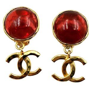 Chanel Vintage Gold Plated Red  Stone CC Dangle Clip on Earrings